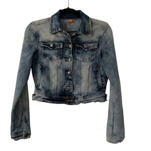 Joujou Size XS Distressed Light Blue Denim Jacket Button Front Pockets Stretch
